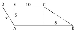 Figuren består av et rektangel med sider 10 og 5, samt to rettvinklede trekanter. Den ene trekanten har siden med lengde 5 i rektangelet som den ene kateten og har en hypotenus med lengde 7. Den andre trekanten har den andre siden med lengde 5 som den ene kateten, og den andre kateten har lengde 8.